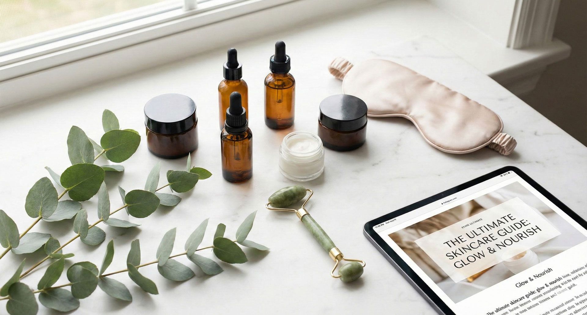 Skincare products and accessories on a windowsill, including bottles, a face roller, eye mask, and tablet.