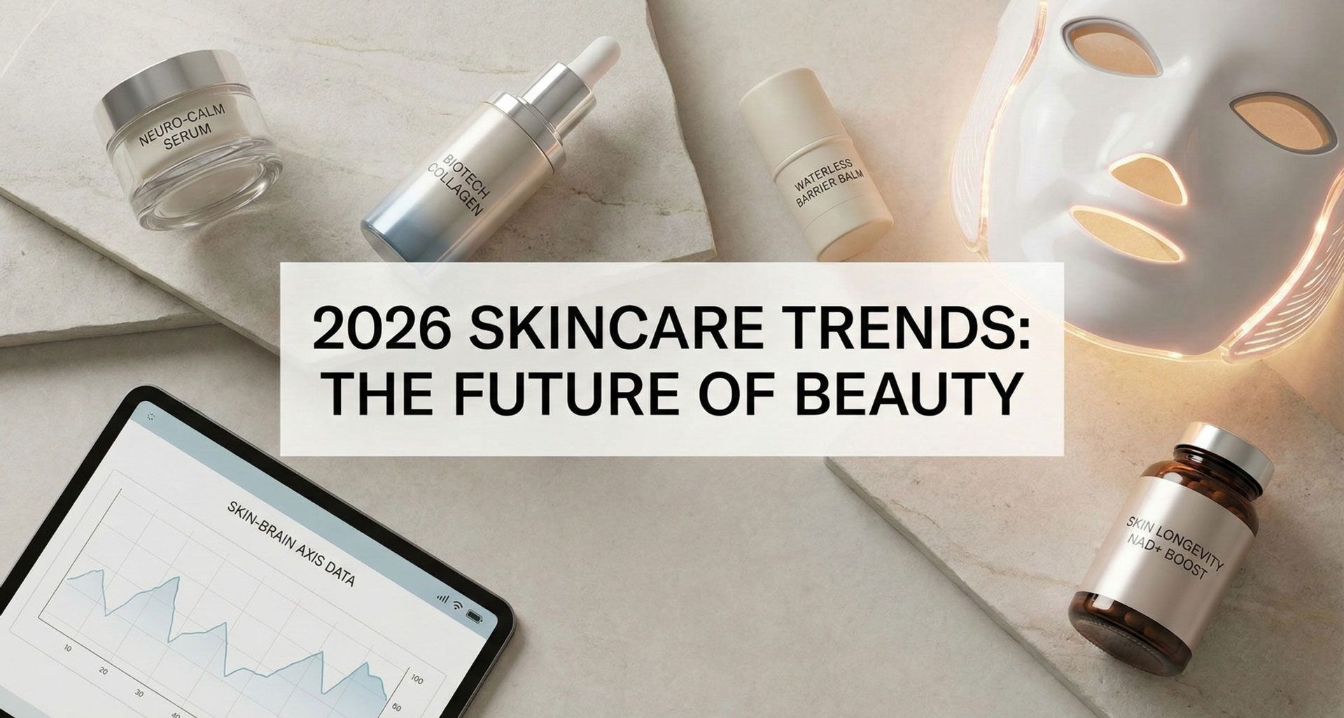 Skincare products and LED mask on a textured surface with a tablet displaying a graph; text overlay: 2026 Skincare Trends.