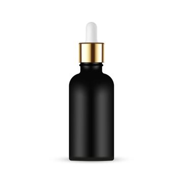Clear glass dropper bottle with black cap and silver collar, filled with liquid.