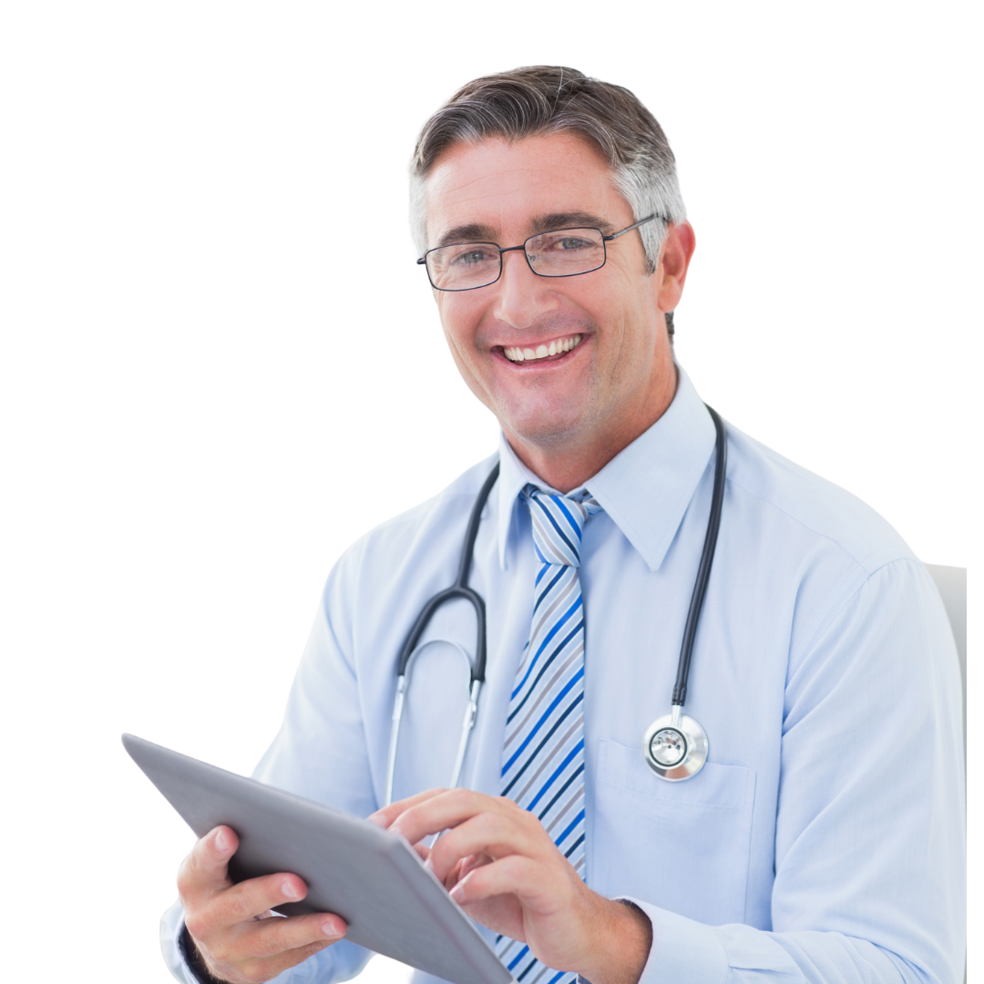 A professional in a blue shirt and stethoscope smiles while using a tablet.