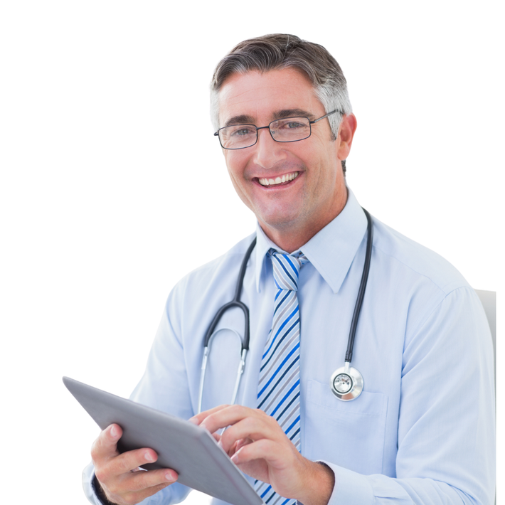 A professional in a blue shirt and stethoscope smiles while using a tablet.