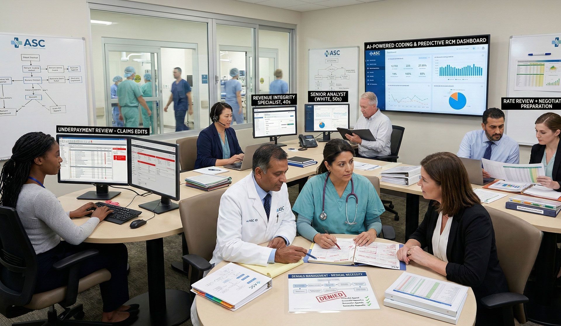 Medical team in a control room, viewing screens and discussing data. Operating room visible in background.