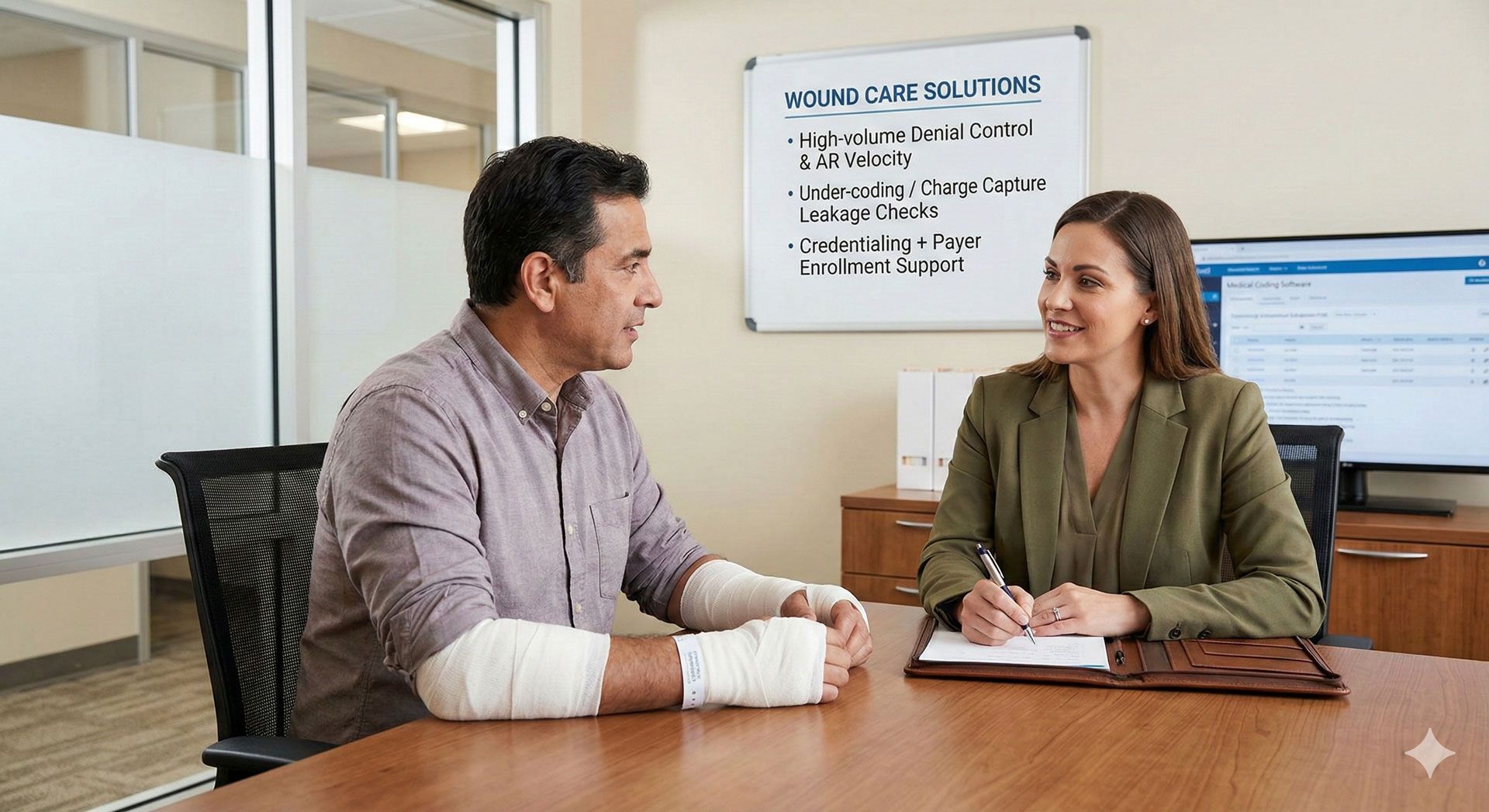 Man with bandaged arms talking to woman at a table, likely in an office.