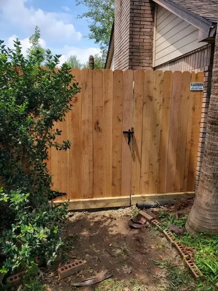 A wooden fence with a gate in the backyard of a house.