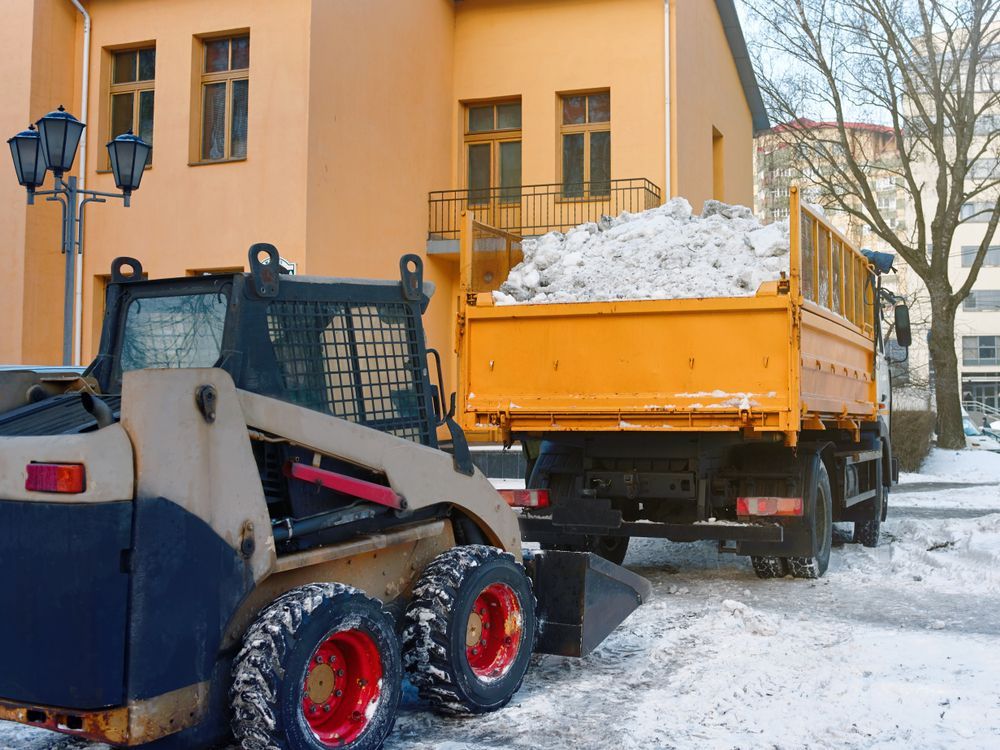 Skid steer loader loading snow into a yellow dump truck next to a building.