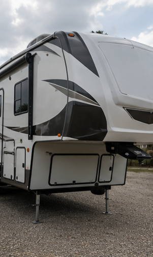 Large white and black fifth-wheel RV parked on gravel under a cloudy sky