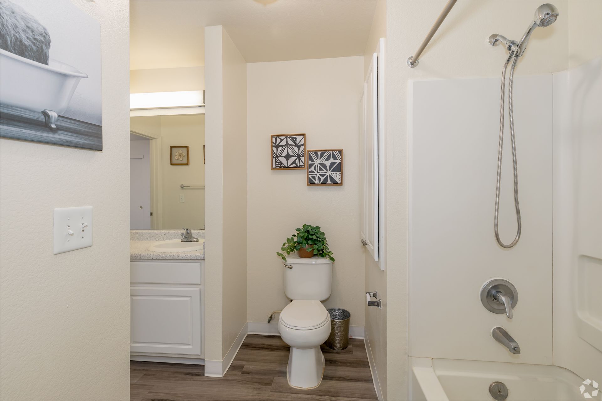 Bathroom with a toilet, shower, and vanity. Neutral tones, with wood-look flooring.