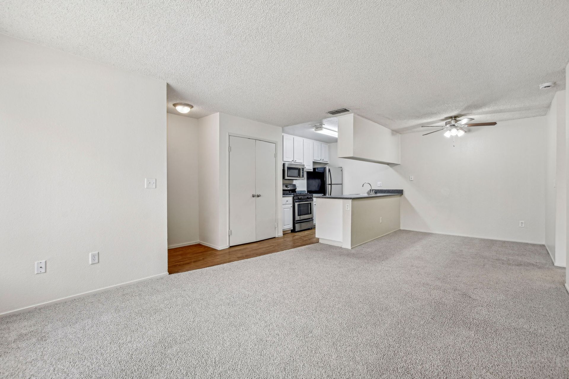 Interior of an apartment with a kitchen, living area, and carpeted floors.