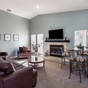 Living room with leather sofa, fireplace, TV, and bar with chairs.