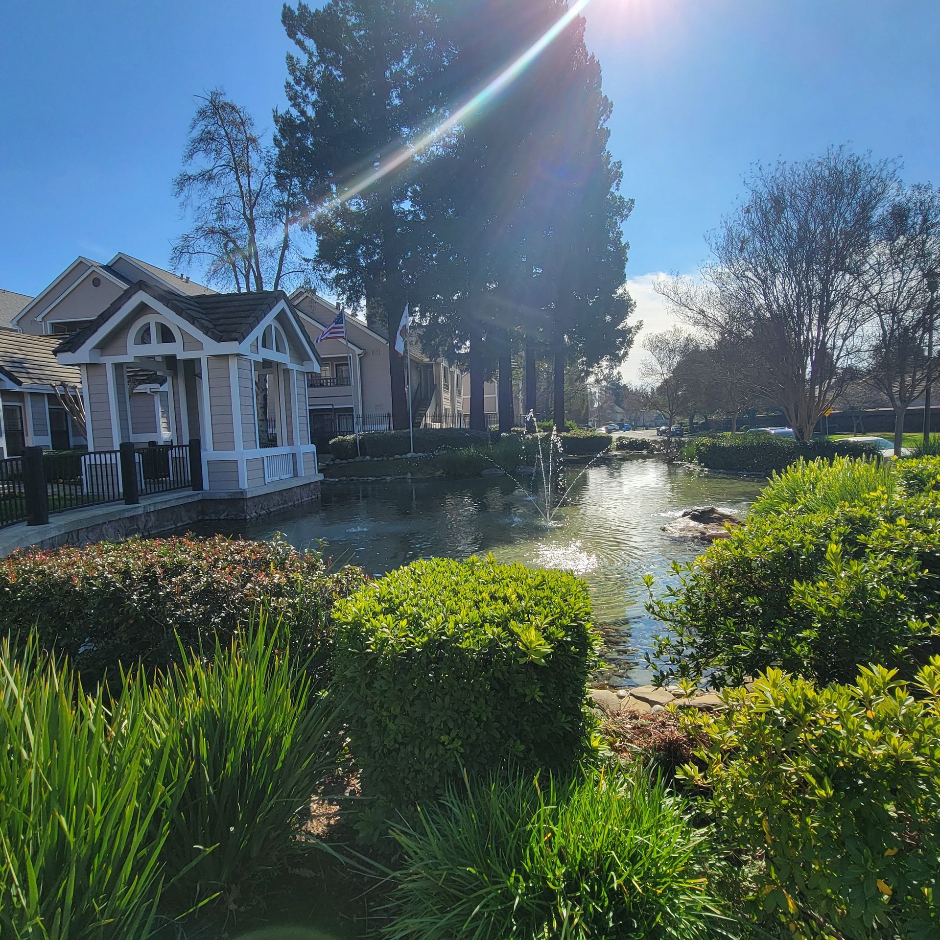 Park scene with gazebo, pond, lush greenery under a bright sunny sky.