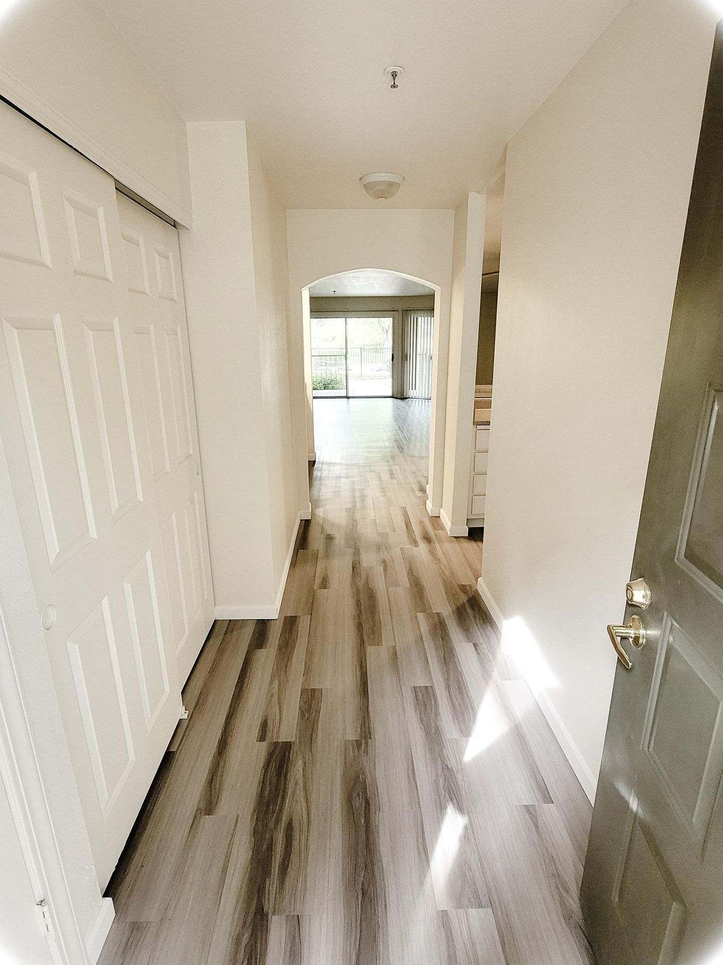 Entryway with wood-look flooring, white walls, closet door on the left, open door at the end leading to a brighter room.
