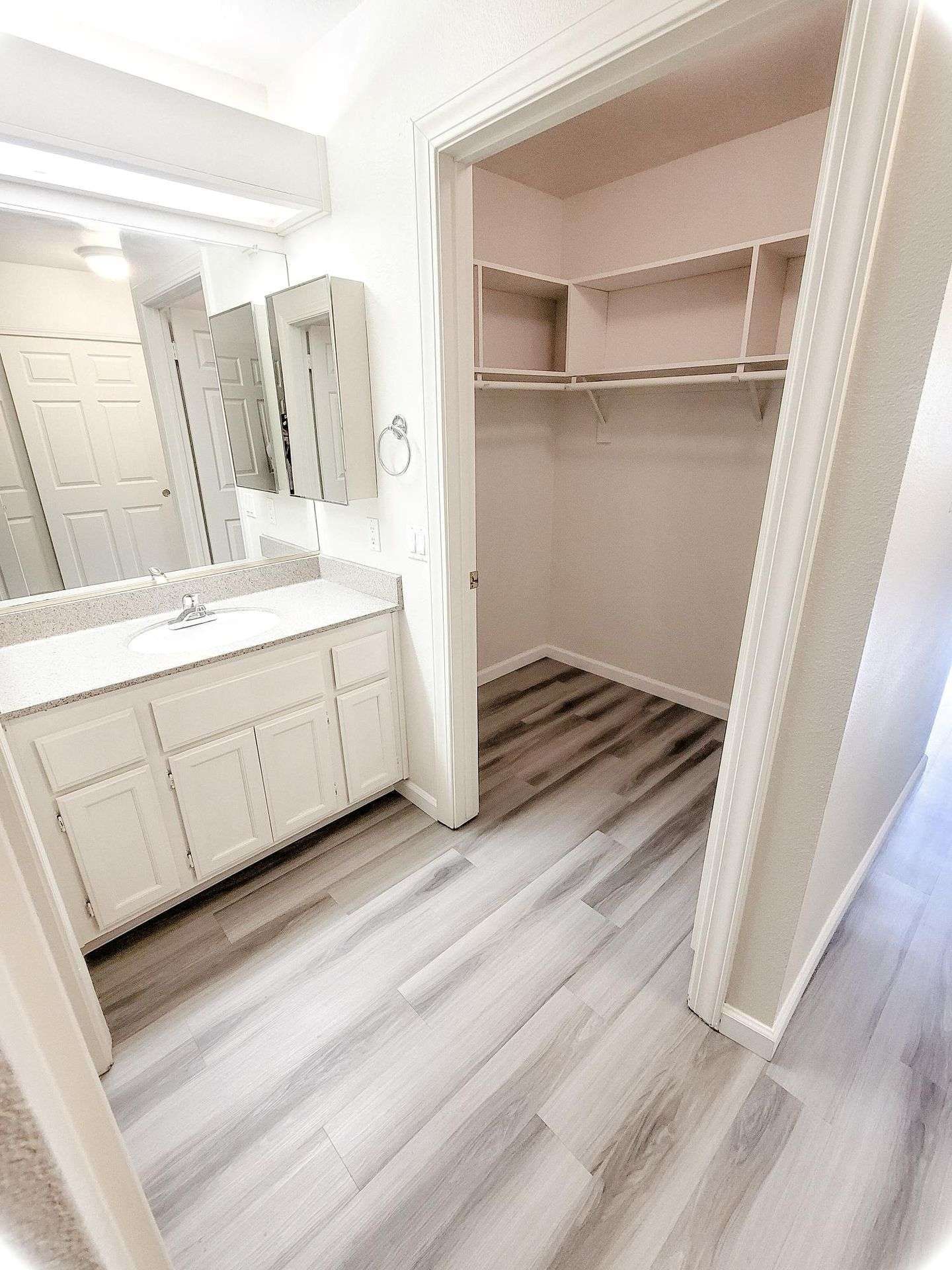 Bathroom interior with white vanity, large mirror, and open closet with shelving; light wood-look floor.