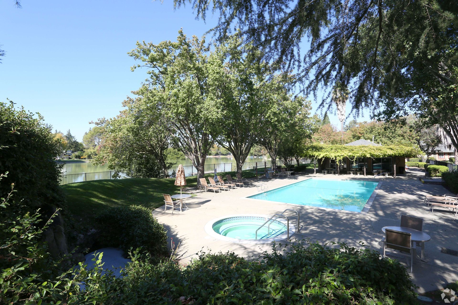 Pool and jacuzzi next to a lake, surrounded by trees and lounge chairs.