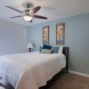 Bedroom with a bed, blue walls, a ceiling fan, and artwork.