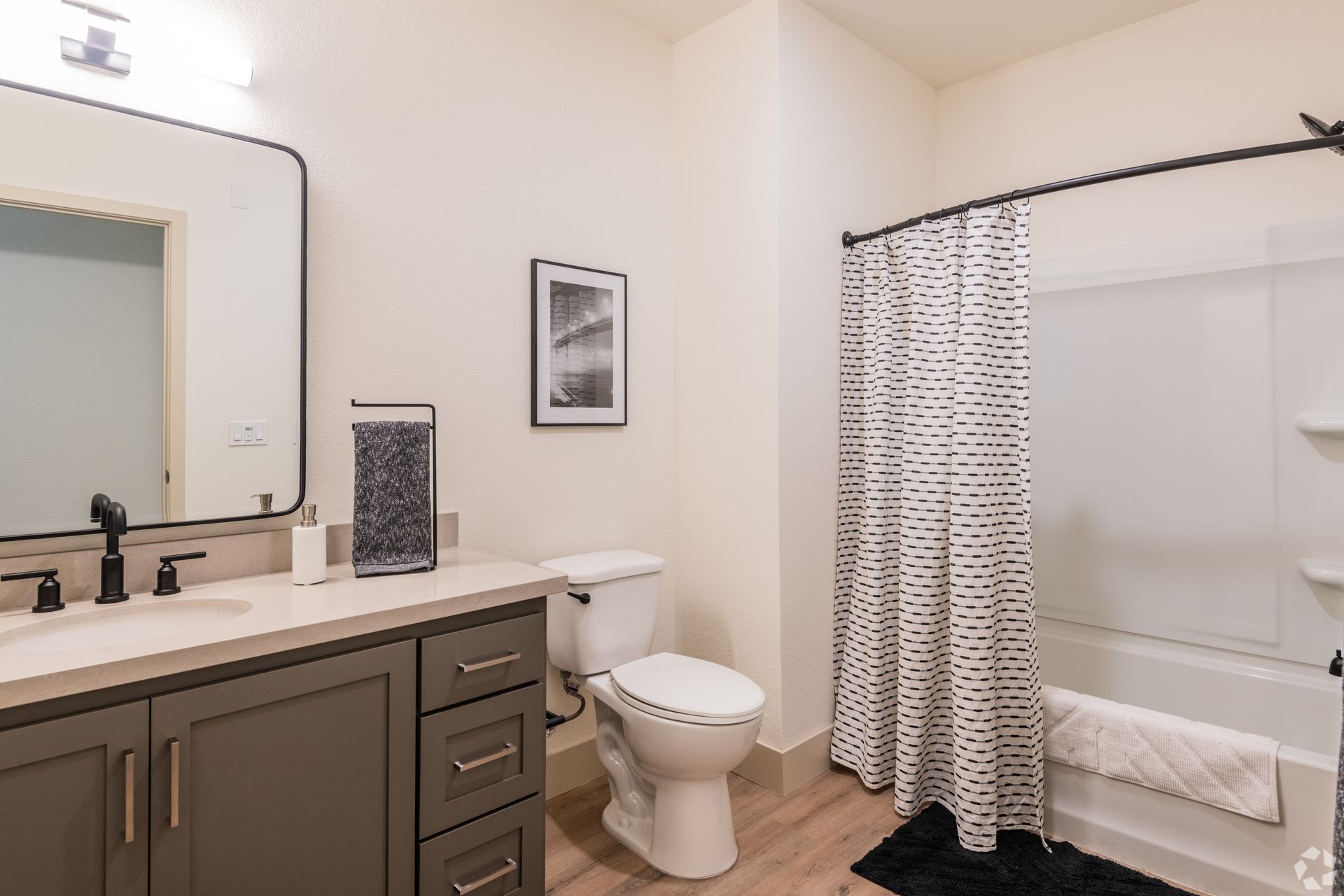 Bathroom with dark gray vanity, toilet, tub with patterned curtain, and framed art.