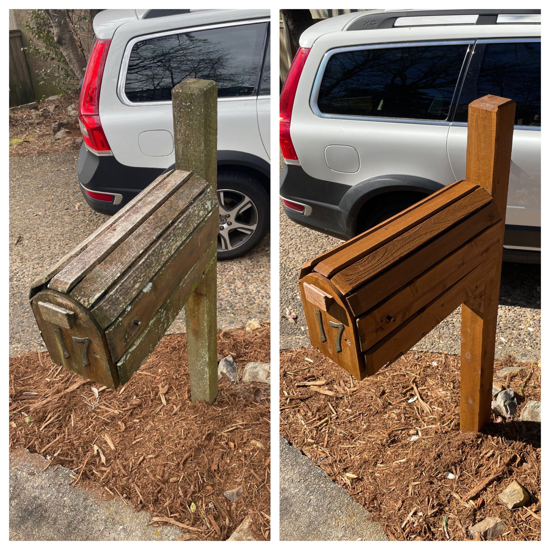 A before and after photo of a wooden mailbox next to a car.