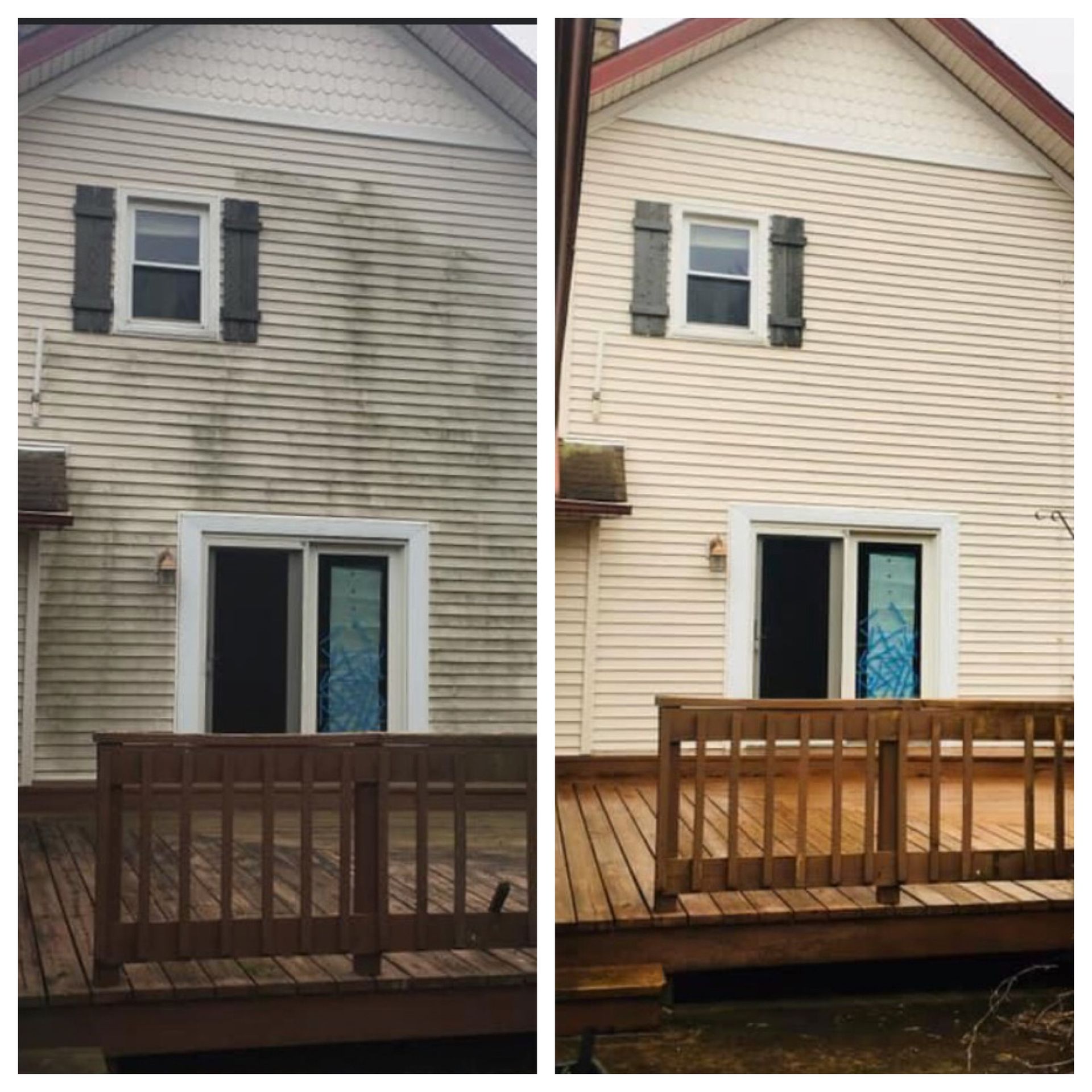 A before and after picture of a house with a deck.