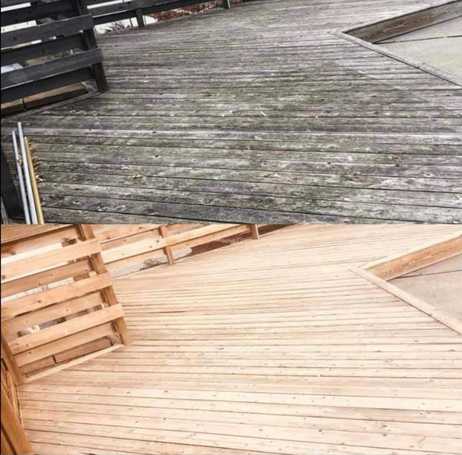 A before and after photo of a wooden deck.