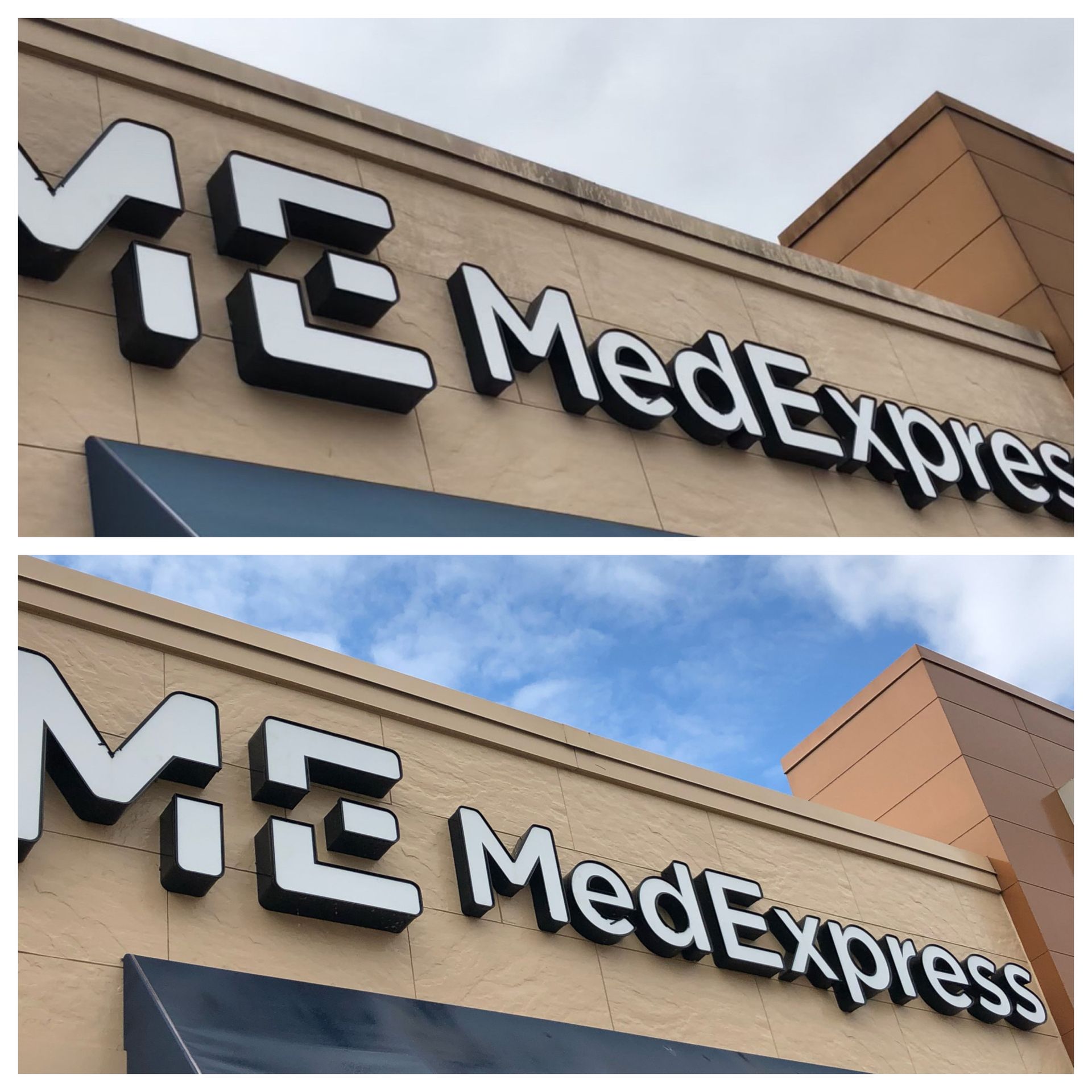 Two pictures of a medexpress sign on a building