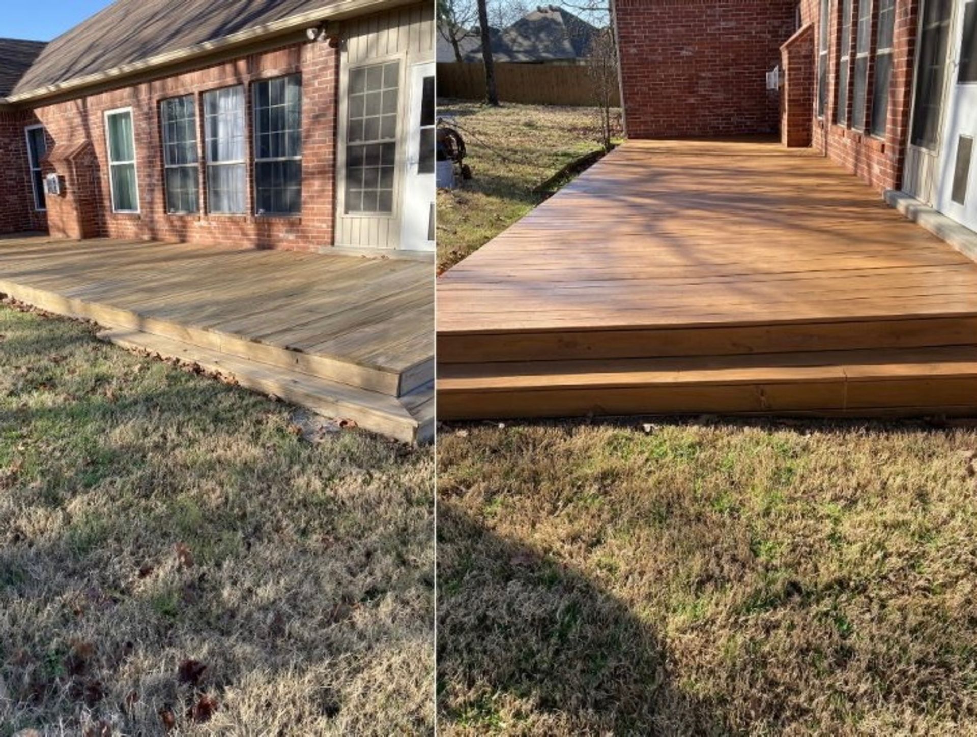 A before and after picture of a wooden deck in front of a brick house.