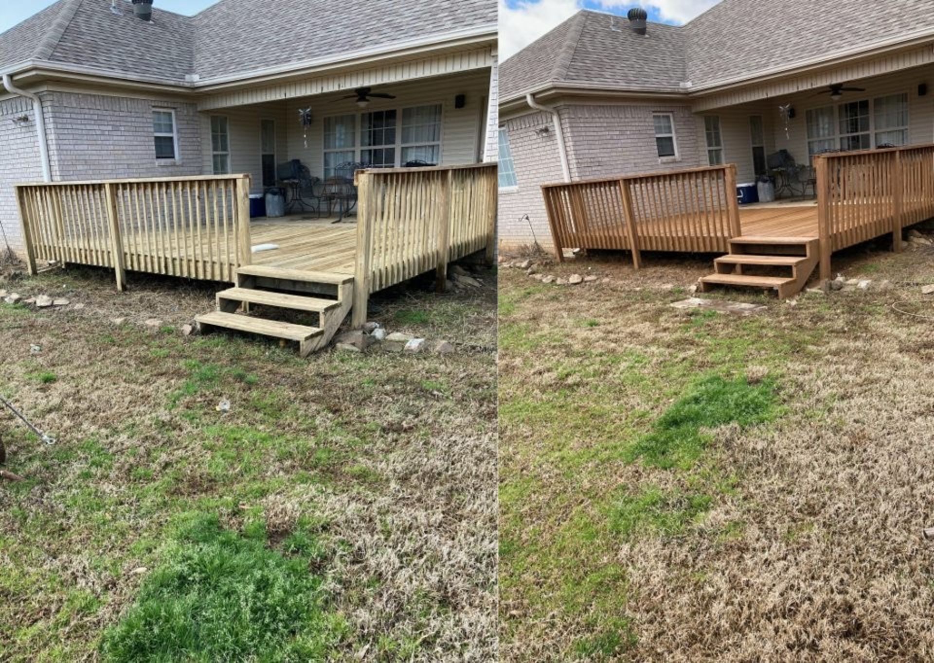 A before and after picture of a wooden deck in front of a house.