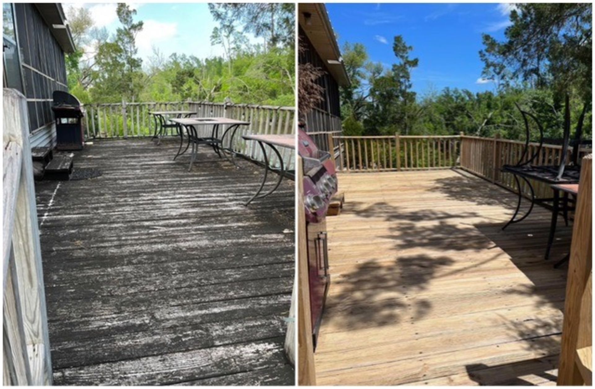 A before and after photo of a wooden deck with tables and chairs.