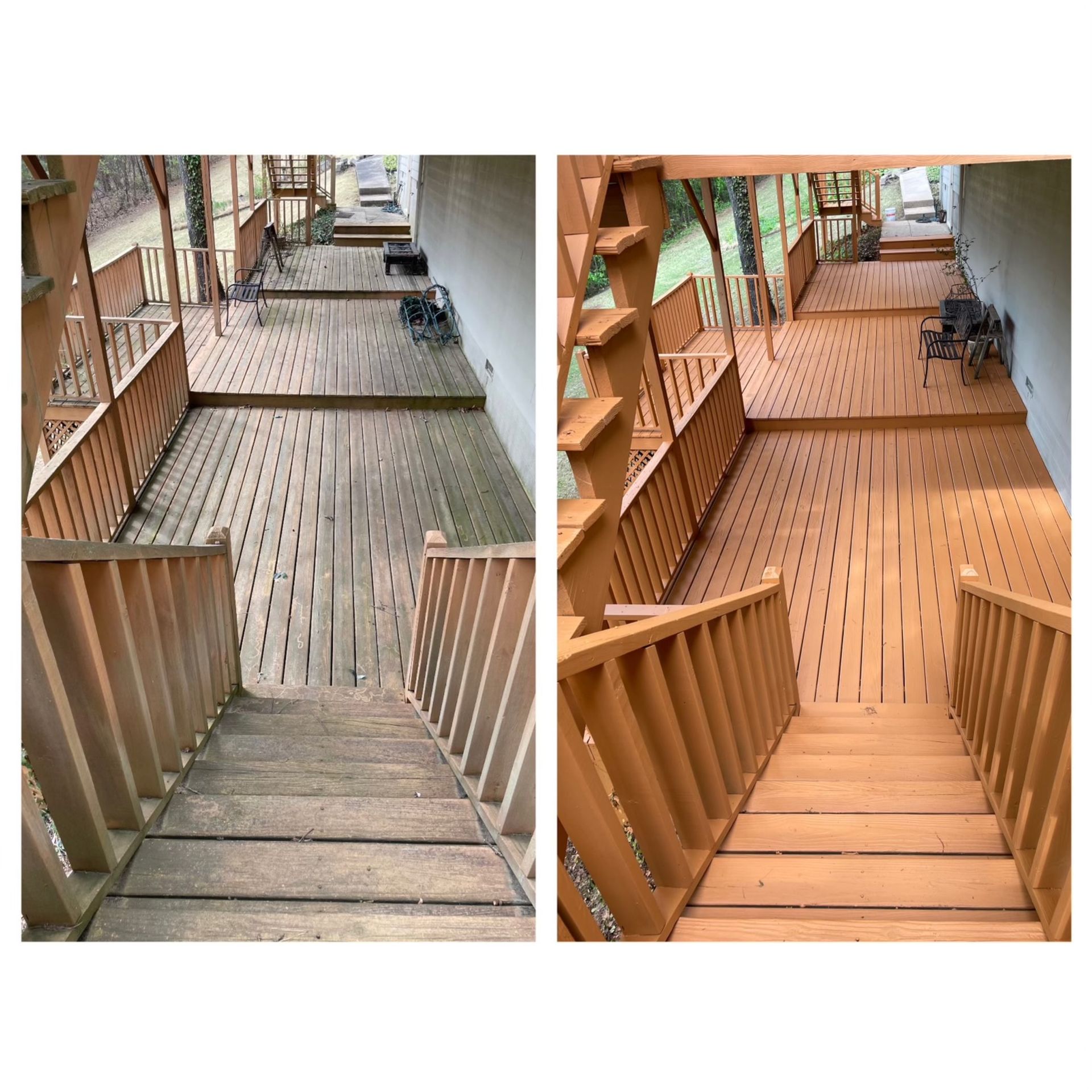 A before and after picture of a wooden deck with stairs.