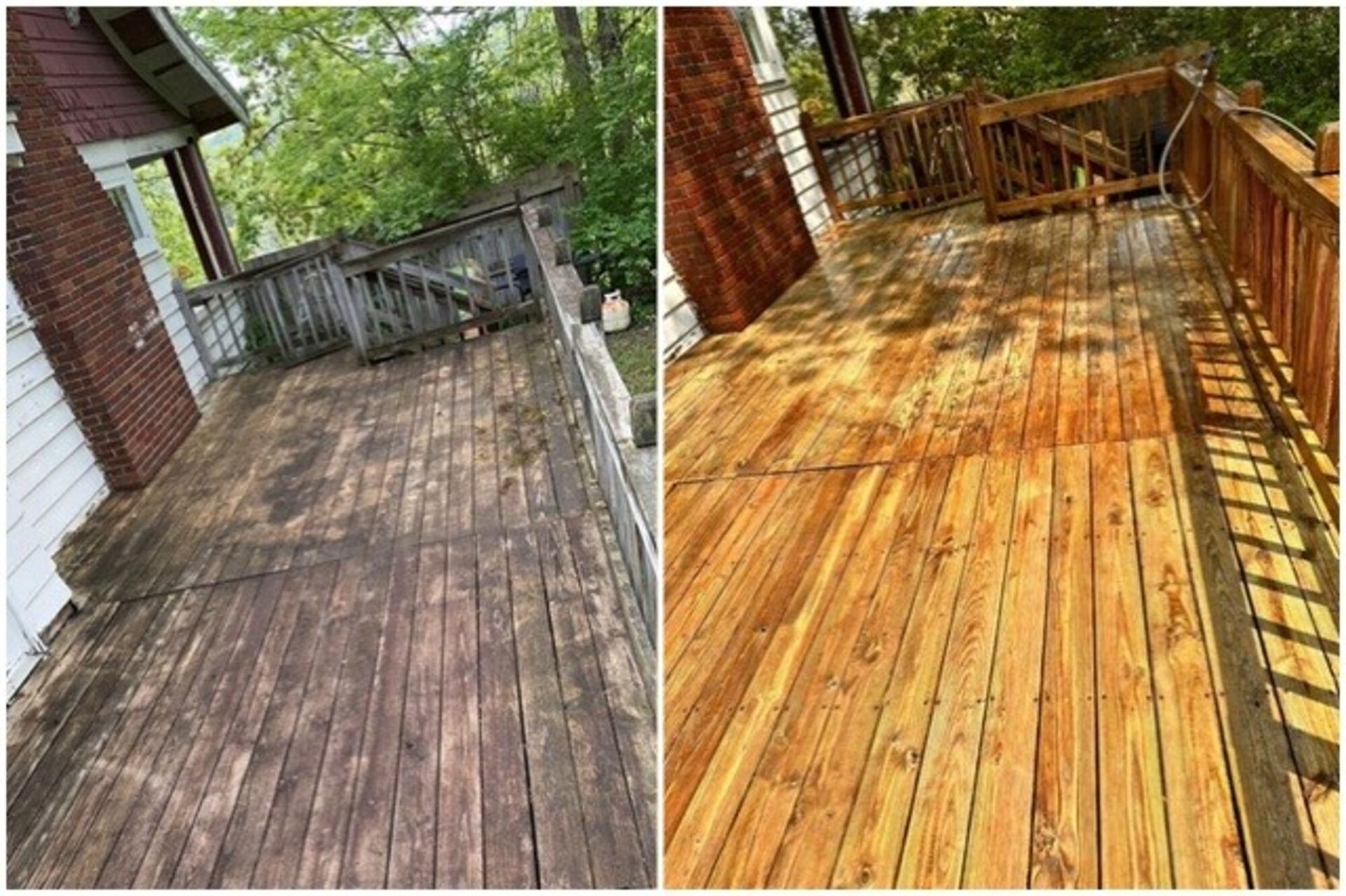 A before and after photo of a wooden deck.