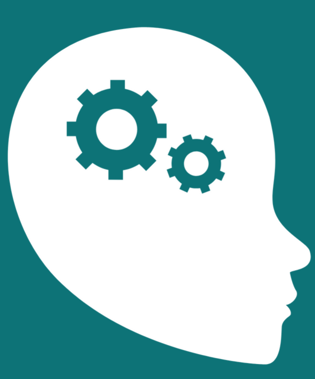 White silhouette of a head with two gears inside, against a teal background.
