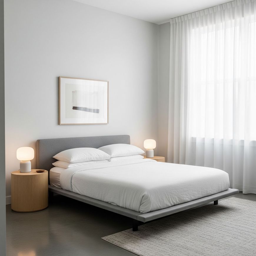 Minimalist bedroom with a gray bed, bedside lamps, and sheer white curtains.