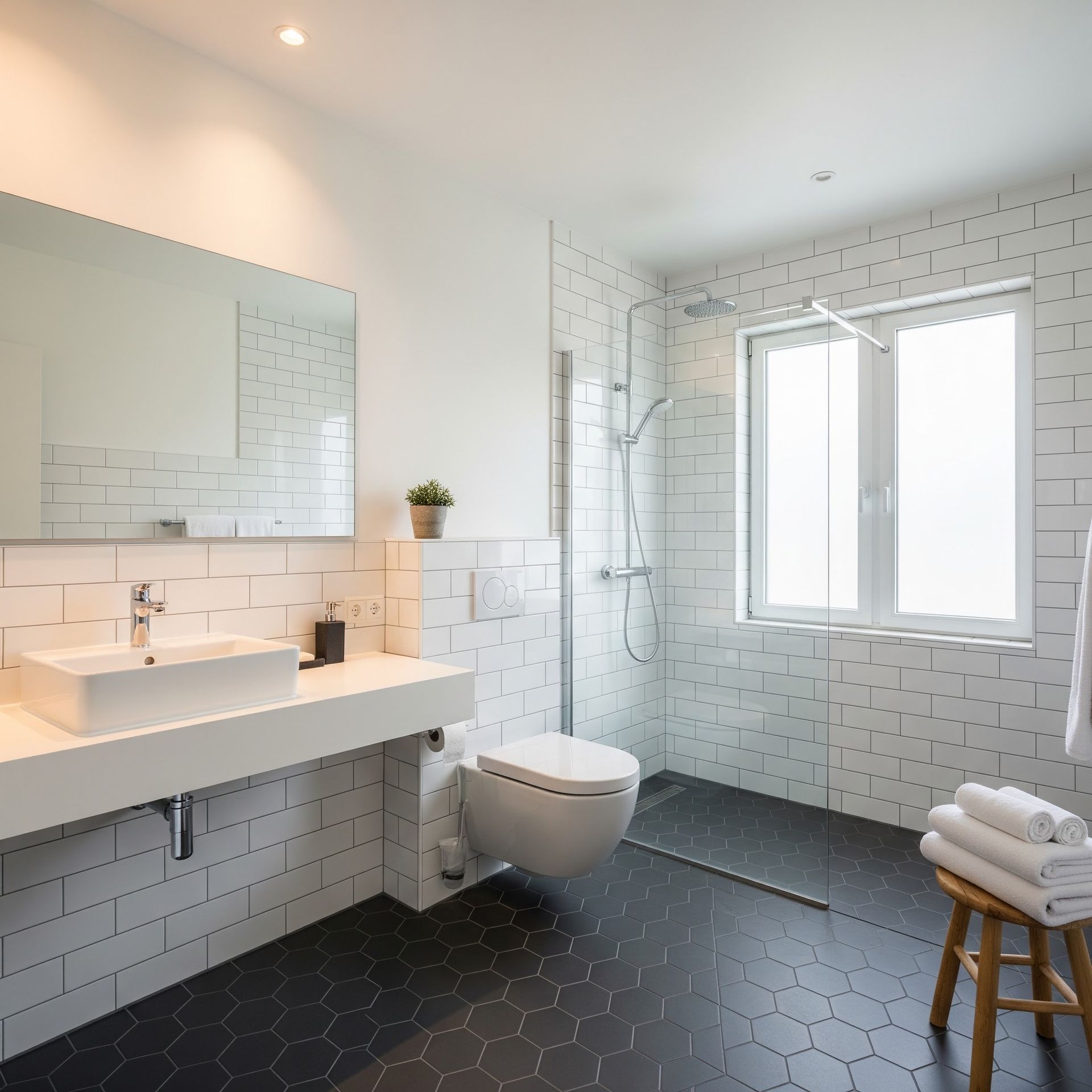 Modern white-tiled bathroom with a floating sink, wall-mounted toilet, black hex floor, window, and towel stool