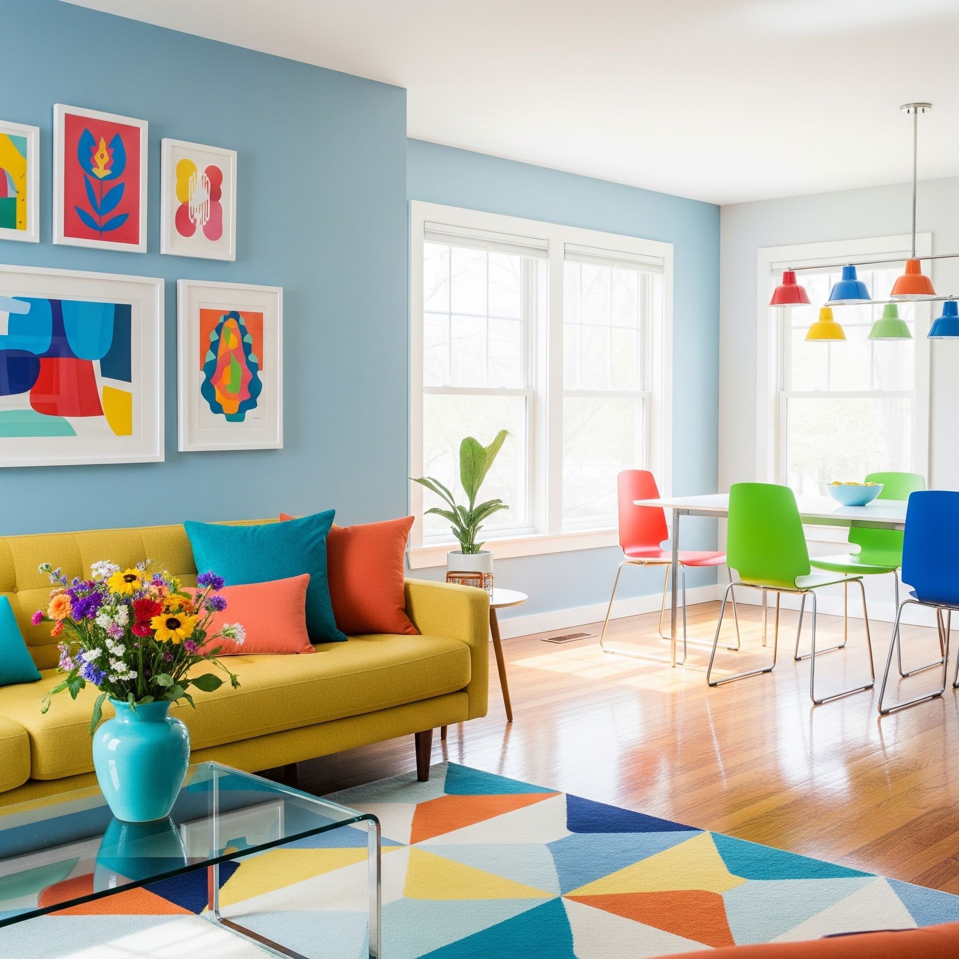 Colorful modern living room with mustard sofa, geometric rug, flowers, and bright dining area.