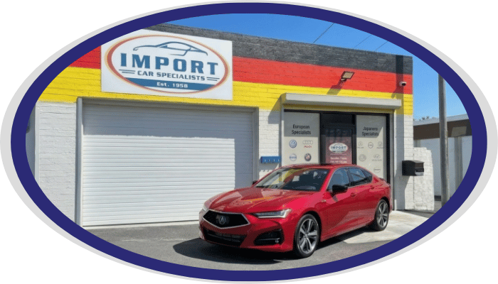 Acura sedan parked outside Import Car Specialists shop