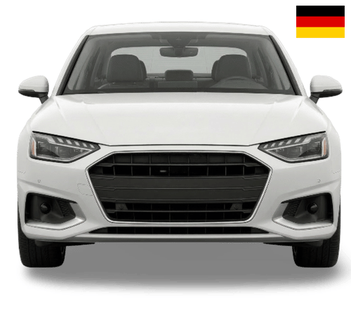 Front view of a white Audi sedan with a small German flag icon in the top right corner against a white background.