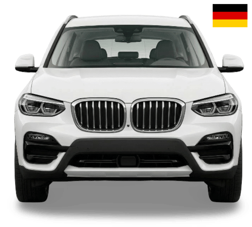A white BMW SUV viewed from the front, centered on a white background with a small German flag in the top right corner.