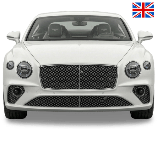 A front view of a white Bentley Continental GT with a large chrome grille and a small Union Jack flag in the top right.