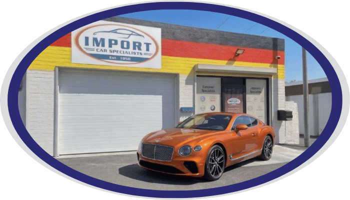 Bentley coupe outside Import Car Specialists shop