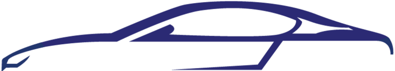 A dark blue, minimalist line drawing of a sleek sports car silhouette from the logo
