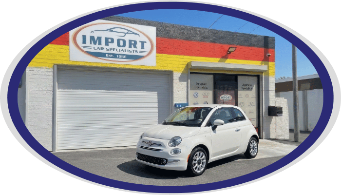 Fiat compact car parked outside Import Car Specialists shop