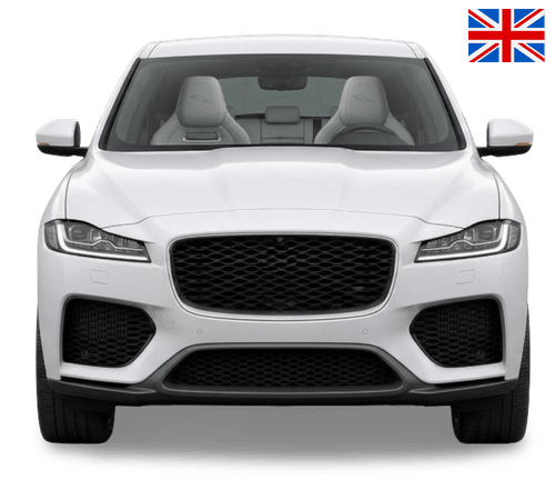 A white Jaguar SUV shown from the front against a white background with a small British flag in the corner.