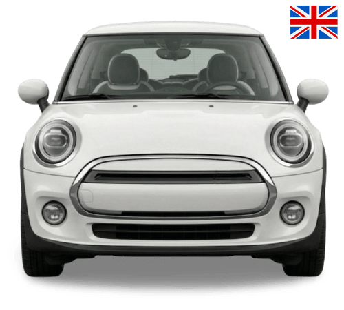 A white MINI Cooper electric car facing forward, with a small British flag icon in the upper right corner.