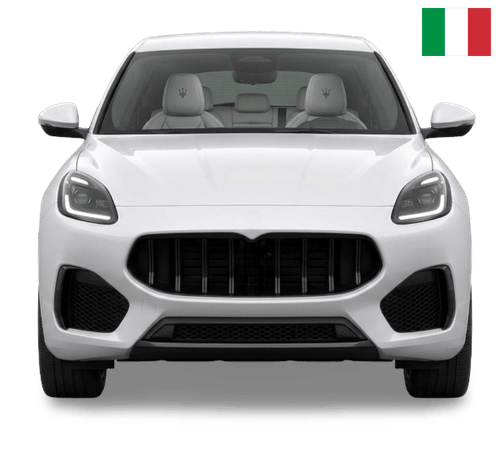 A white Maserati Grecale SUV facing forward with the Italian flag in the top right corner.