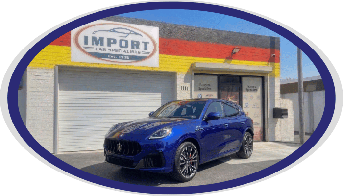 Maserati sedan parked outside Import Car Specialists shop