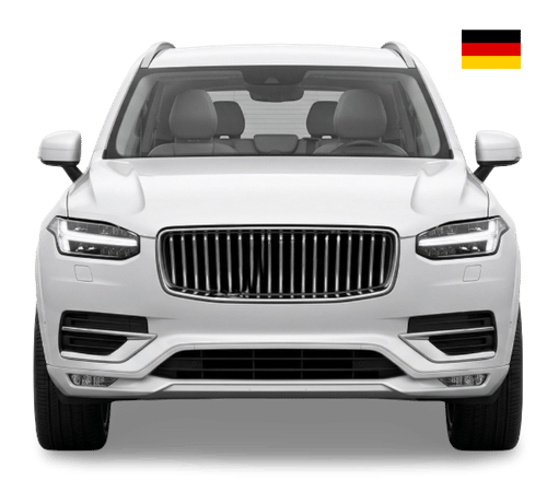 A front view of a white Volvo XC90 SUV with a small German flag icon in the upper right corner.