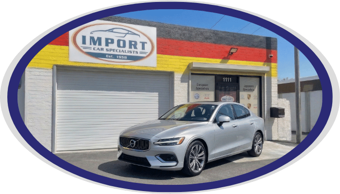 Volvo sedan parked outside Import Car Specialists shop