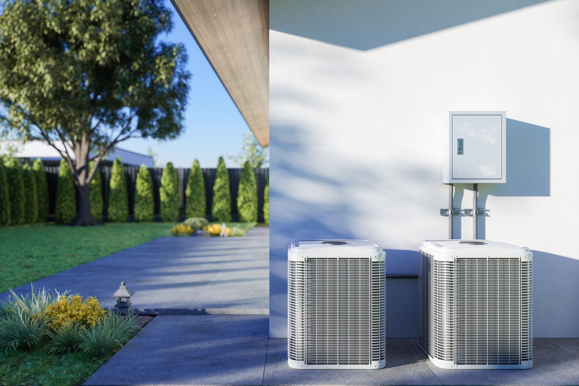 New outdoor air conditioning units installed during summer in Paramus, NJ.