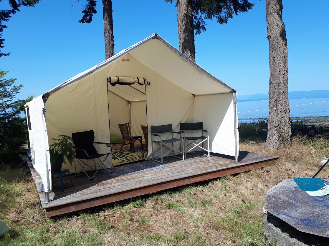 A white tent is sitting in the middle of a field surrounded by trees.