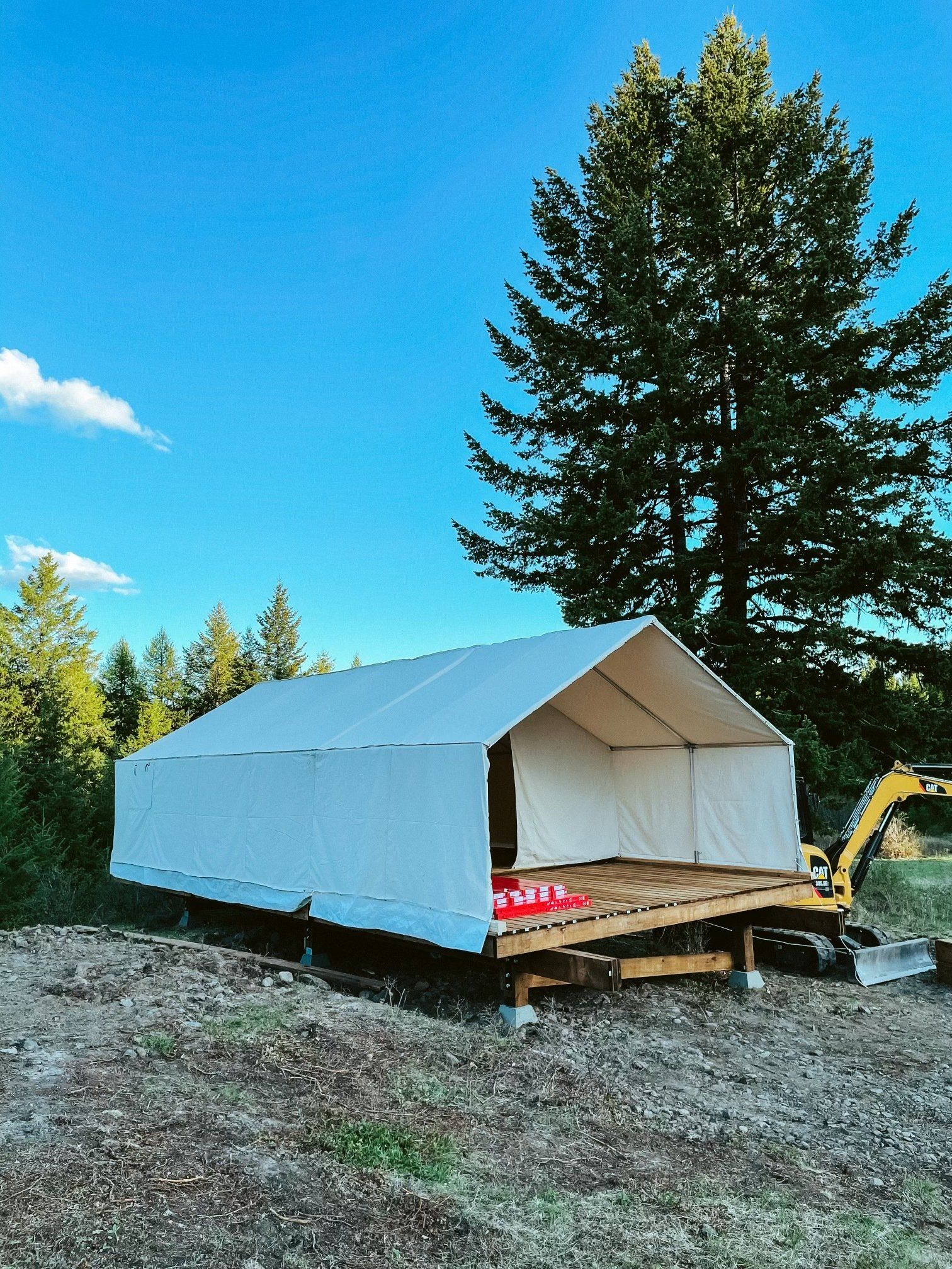 A large white tent is sitting in the middle of a dirt field next to a tree.