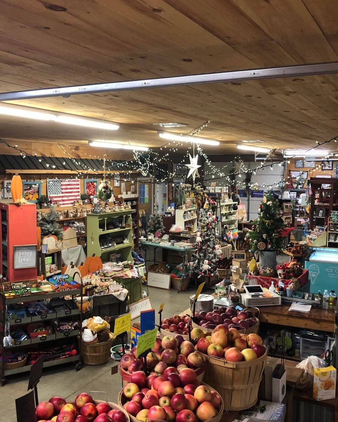 A store filled with lots of apples and christmas decorations.