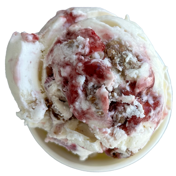 Scoop of ice cream with red berry swirl in a white bowl.